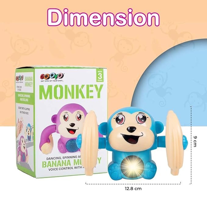 Voice Control Banana Dancing Monkey Toy | Spinning, Rolling and Tumbling Toy for Kids with Bright LED Lights & Sound Effects | Blue | 3xAAA Battery (Not Included)