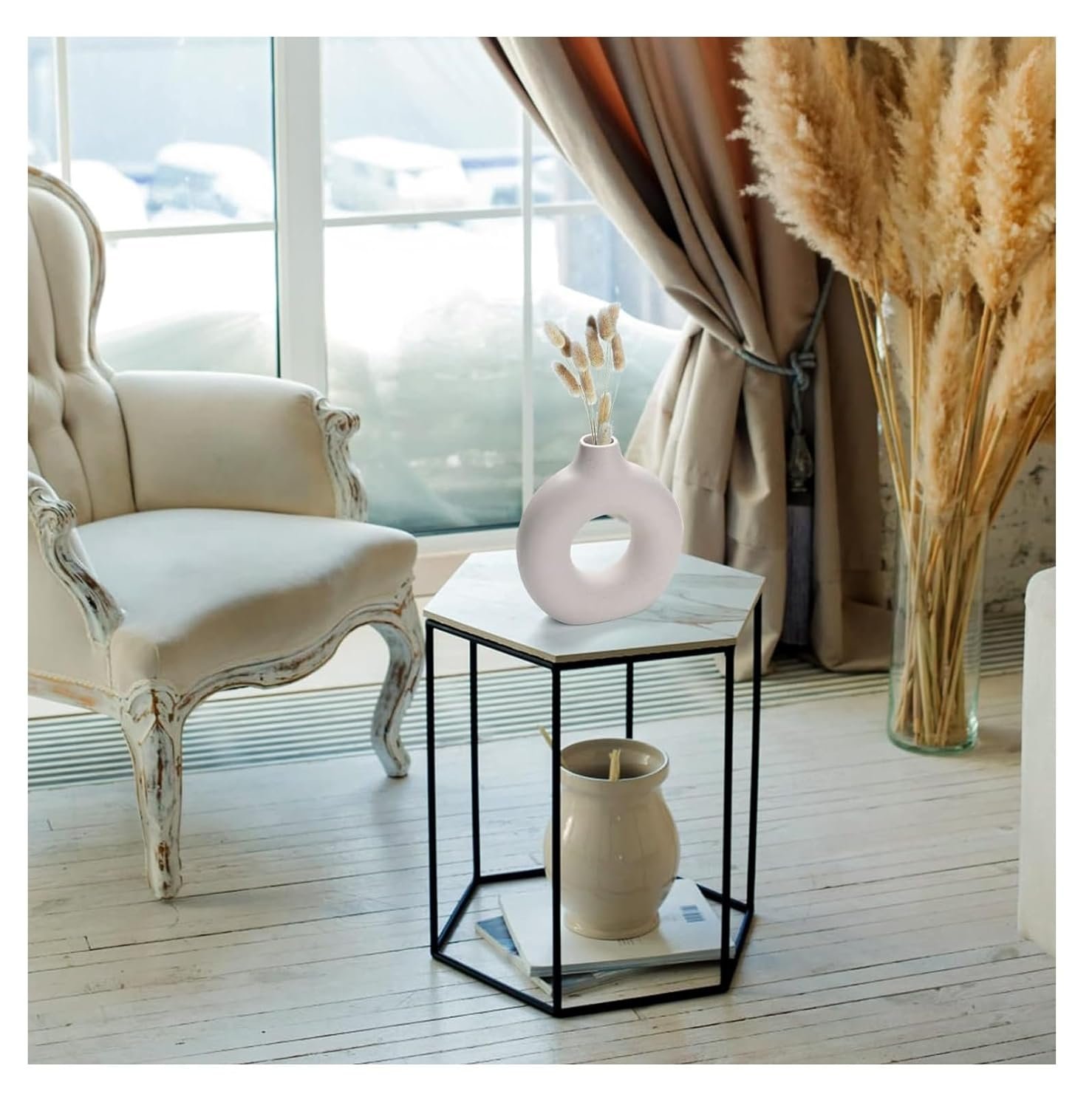 White Ceramic Donut Vase, 6 Inch Modern Flower Vase for Pampas Grass, Dried Flowers, Home & Office Decor, Centerpiece, Handcrafted Gift Vase Only