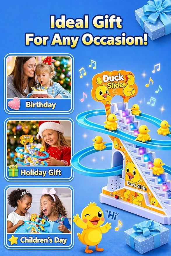 TEC TAVAKKAL Duck Slide Toy Set, Funny Automatic Stair-Climbing Ducklings Cartoon Race Track Set Duck Roller Coaster Escalator Toy with Flashing Lights & Music (Duck Slide Track Set)