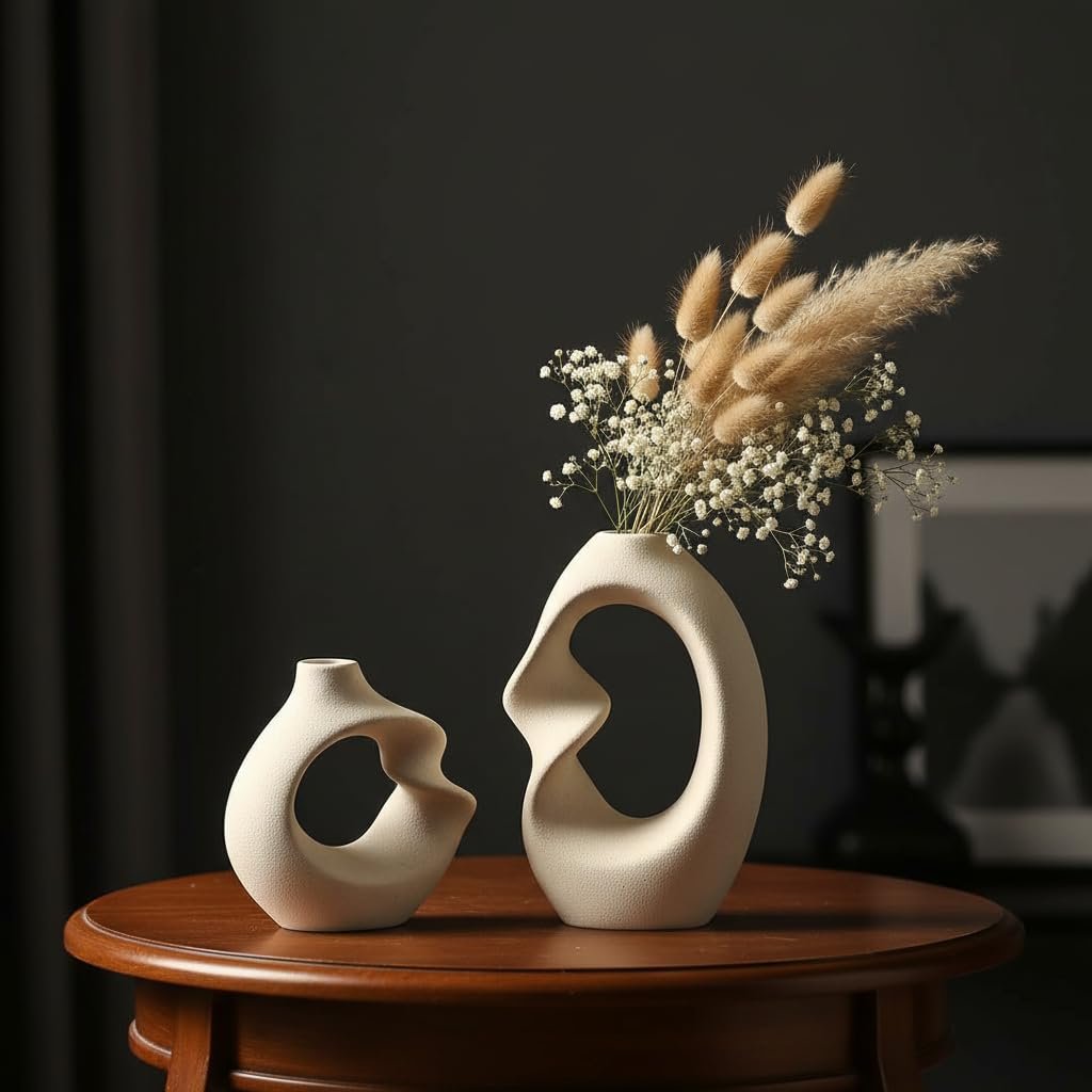 Unique White Ceramic Donut Vase 8.5 & 5.7 Inch - Set of 2 | Decorative Donut Vase for Dried Flowers & Pampas Grass | Vases for Modern Home Decor, Living Room, Office Decor Ideas