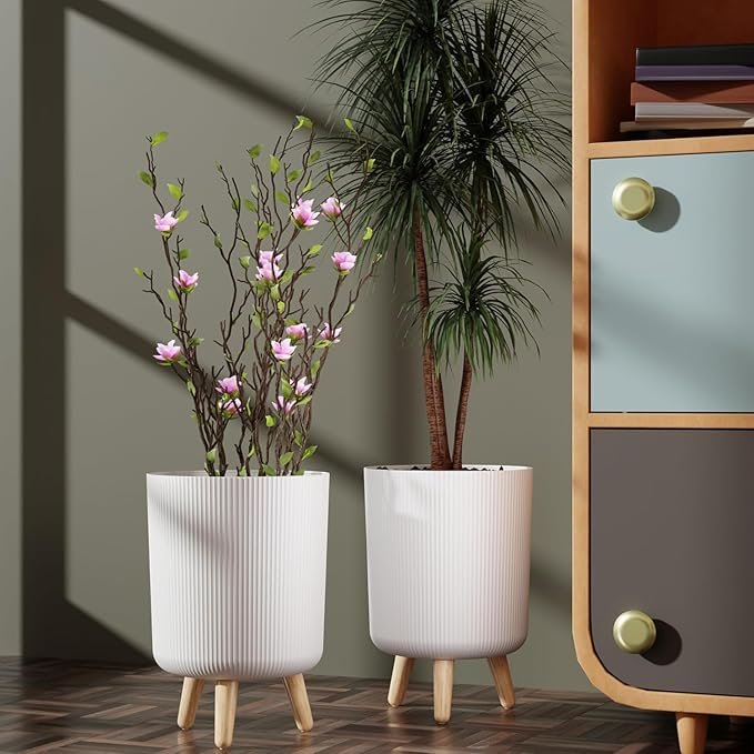Modern White Flower Pot with Legs | Big Planter | Indoor Outdoor Planter for Home,Garden, Balcony Decor | Tall, Durable & Lightweight Planter | Italian Ribbed Design Stylex (Pack of 2)
