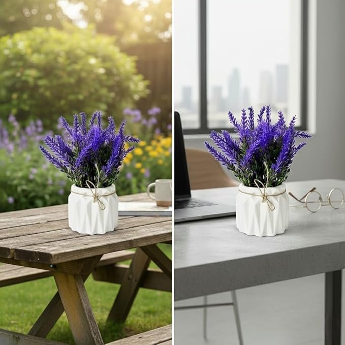 Artificial Lavender Plant in White Pot, 18cm – Realistic Faux Flower Arrangement for Home & Office Décor (Set of 1) (1, White Color Pot)