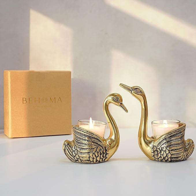 Aluminium Pair of Swans with Gift Box, Gold | Feng Shui Love Couple Gifts Votive Holder for Home Decor Living Room Showpiece Anniversary Wedding (Votive not Included)