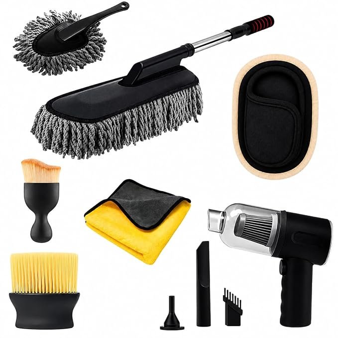 7 PCS Car Cleaning Kit with 3-in-1 Mini Vacuum Cleaner, Microfiber Cloth,Big Duster,Car Cleaning Sprey,Wheel Brush,AC Vent Brush&Interior Dust Brush,for velar,Truck