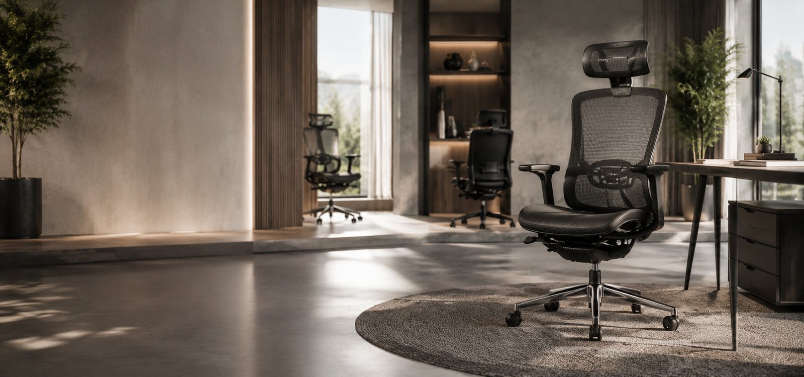 Black ergonomic office chair in a premium workspace