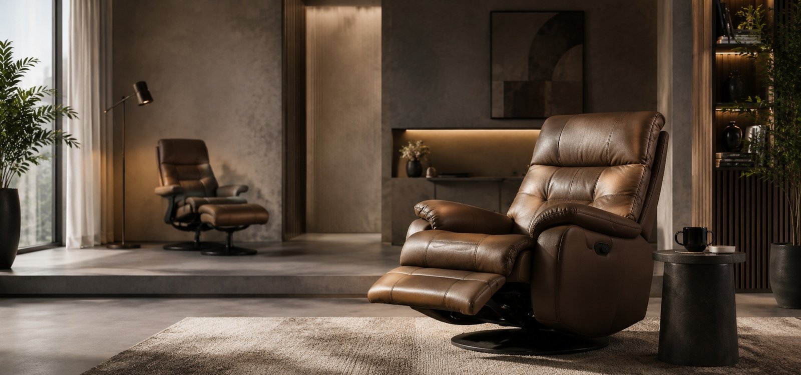 Luxury brown leather recliner in a modern lounge