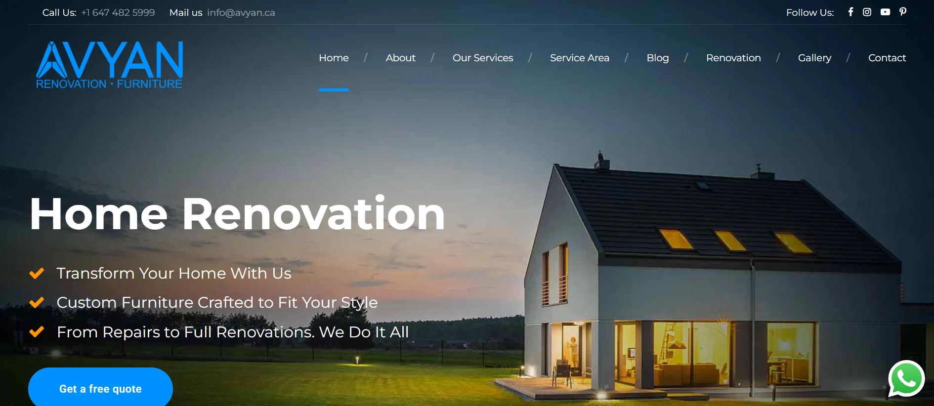 Full-page preview of Avyan Construction inc website